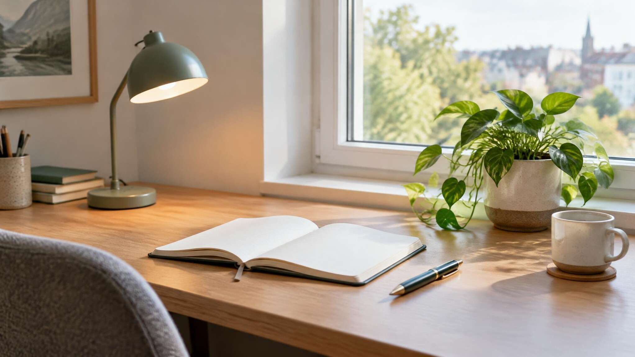 Calm office desk with a lamp and a notebook