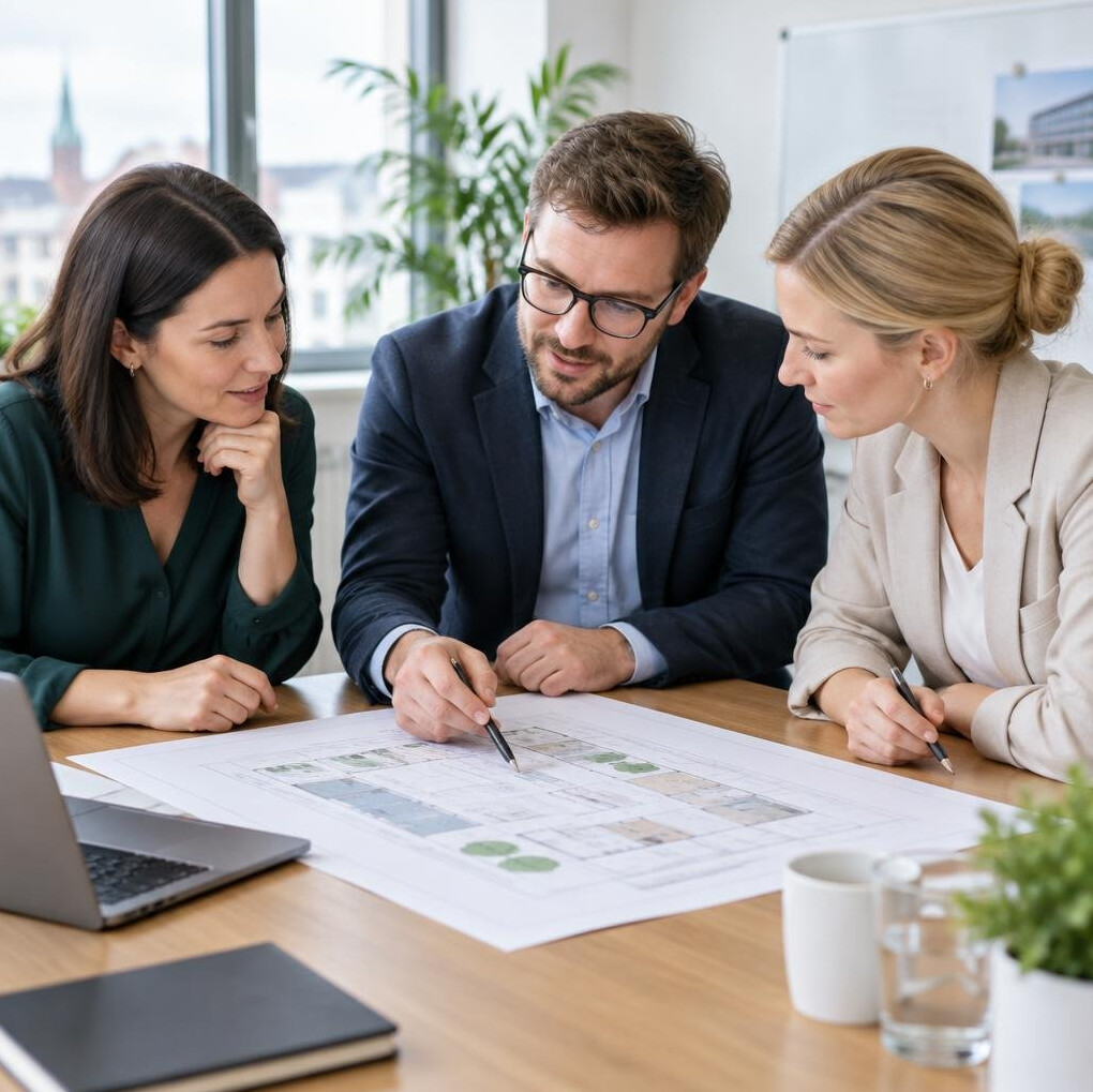 Business colleagues reviewing a plan together at a table