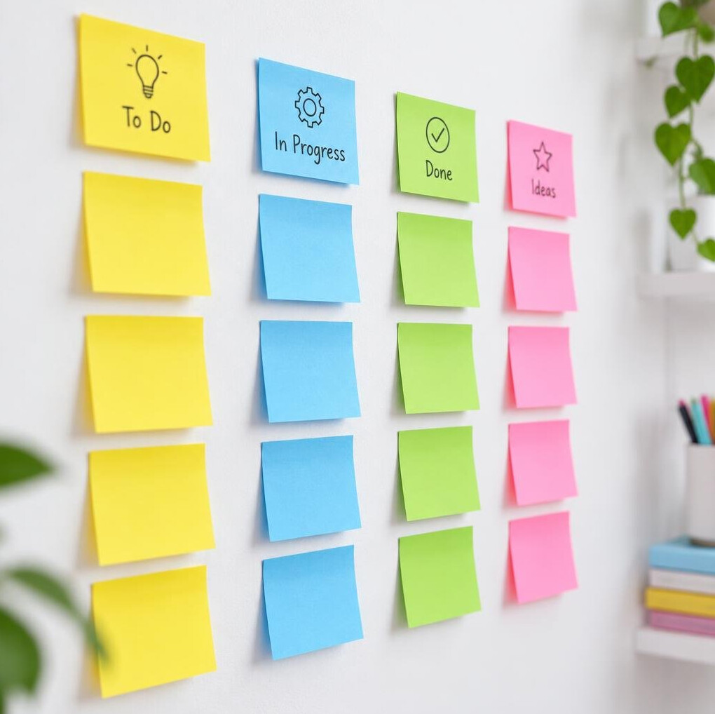 Colorful sticky notes arranged on a wall for planning