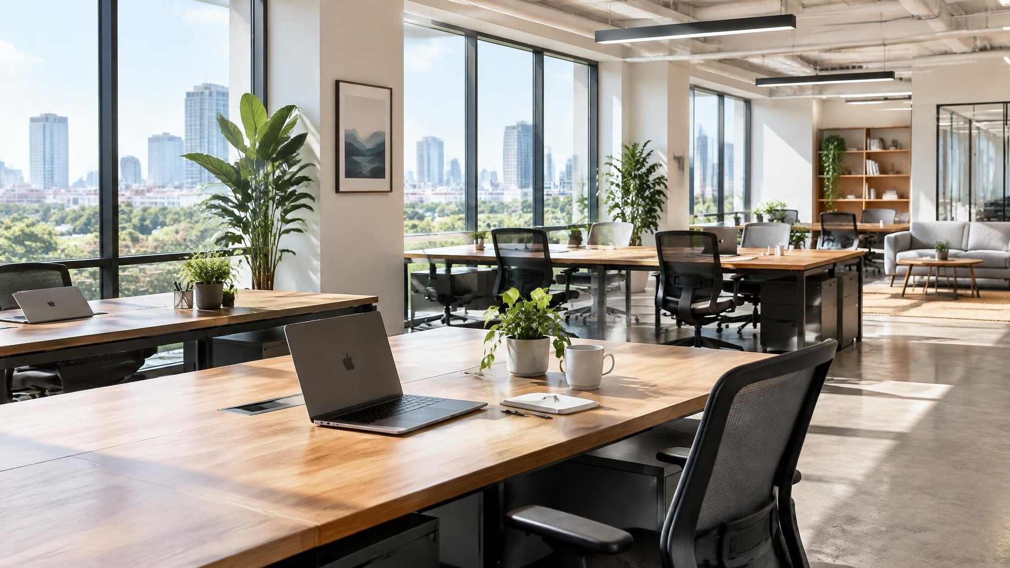 Bright modern open-plan office with wooden desks and large windows